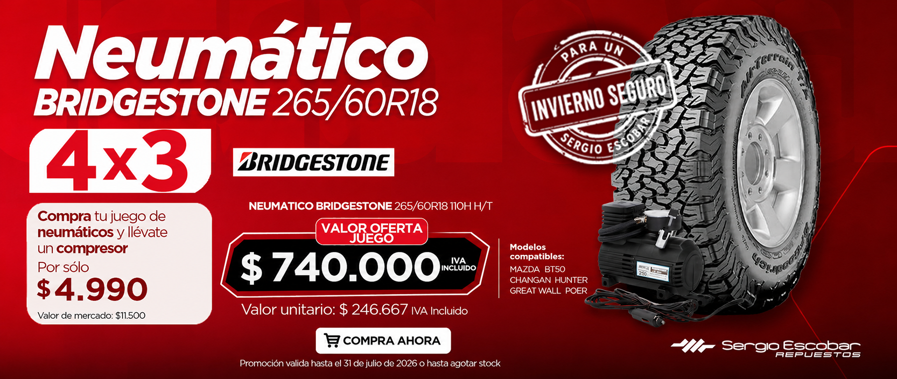 Neumático Bridgestone 265/60R18 Juego 4x3 Sergio Escobar Repuestos