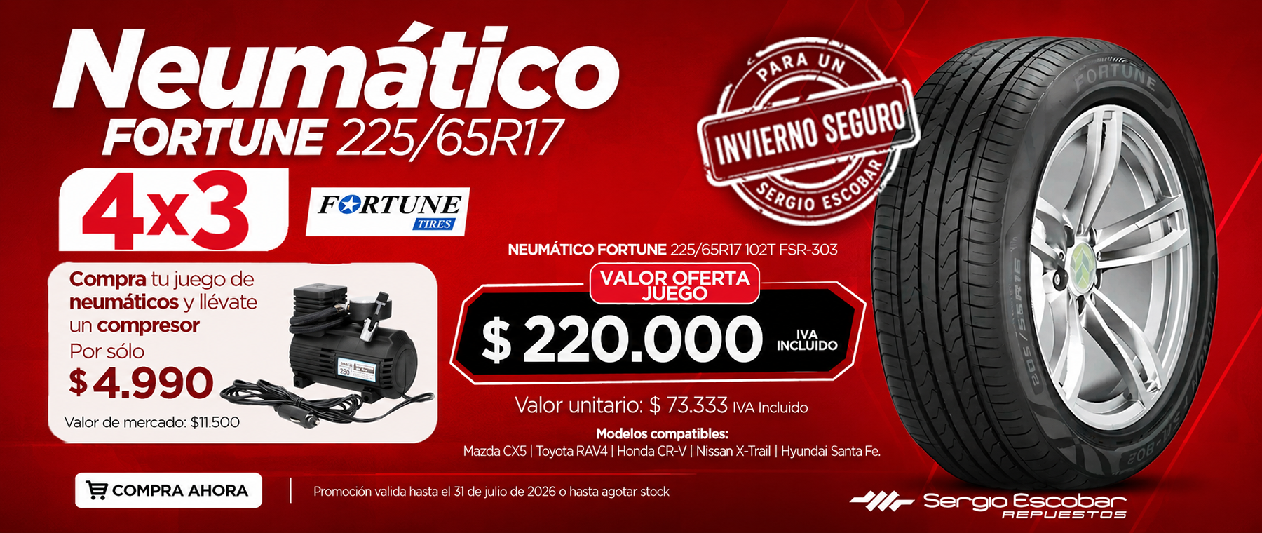 Neumático Fortune 225/65R17 Juego 4x3 Sergio Escobar Repuestos