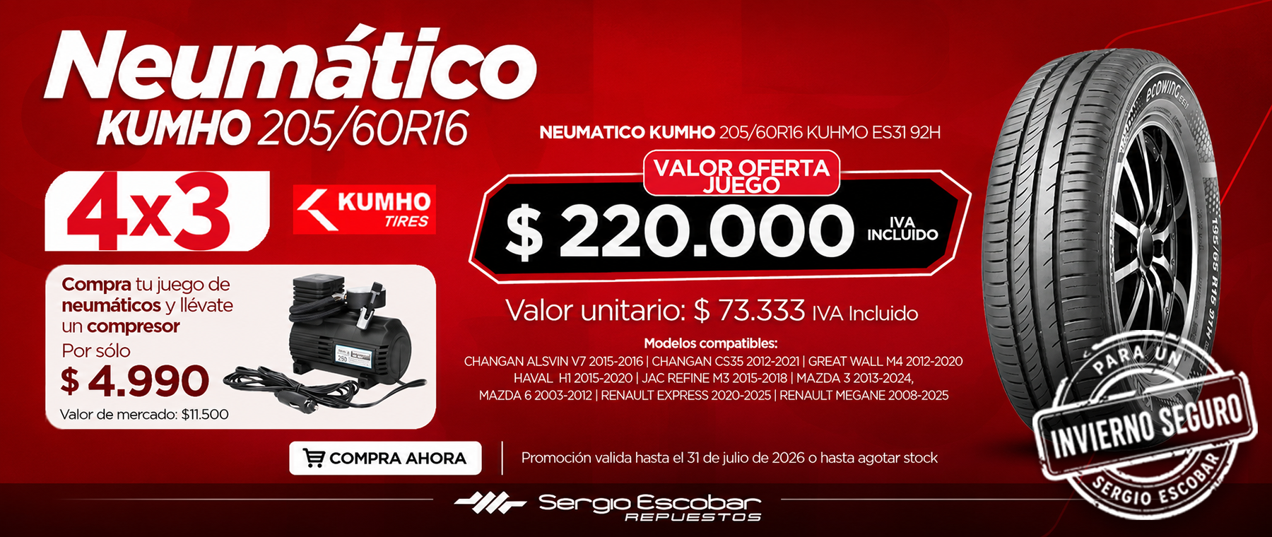 Neumático Kumho 205/60R16 Juego 4x3 Sergio Escobar Repuestos