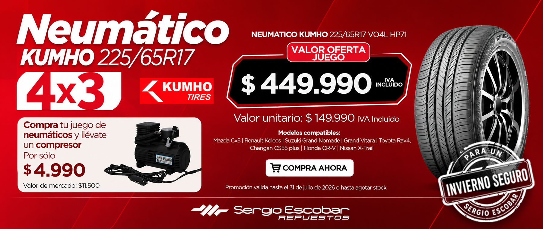 Neumático Kumho 225/65R17 Juego 4x3 Sergio Escobar Repuestos